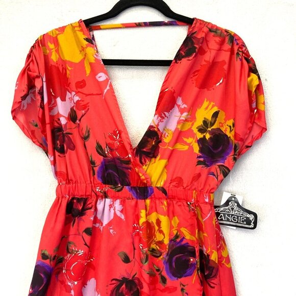 NWT Angie Faux Wrap Midi Dress Size Medium M Floral Red Pink Lightweight Summer - Picture 3 of 13